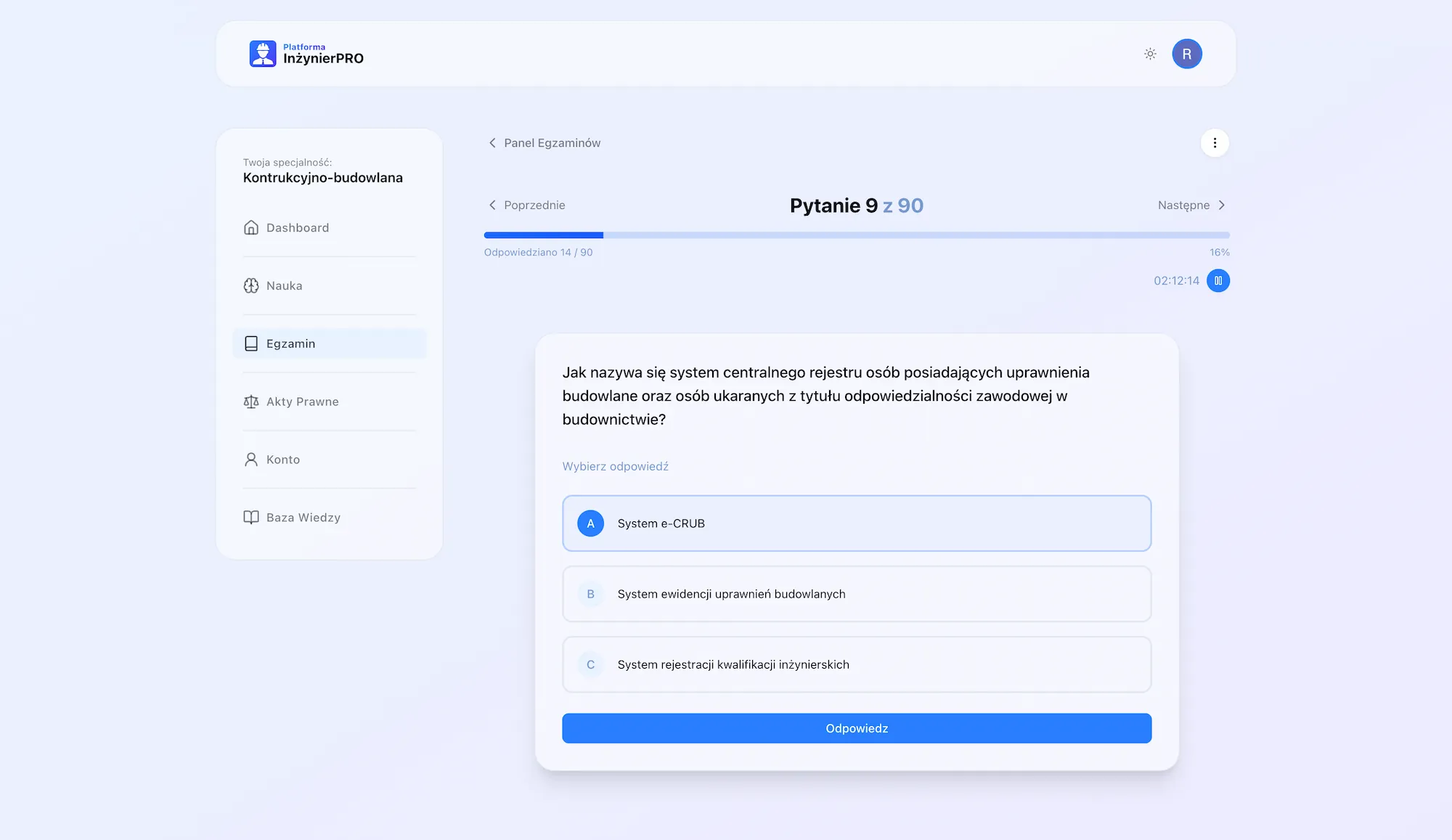 Zrzut ekranu platformy InżynierPRO do nauki na egzamin na uprawnienia budowlane