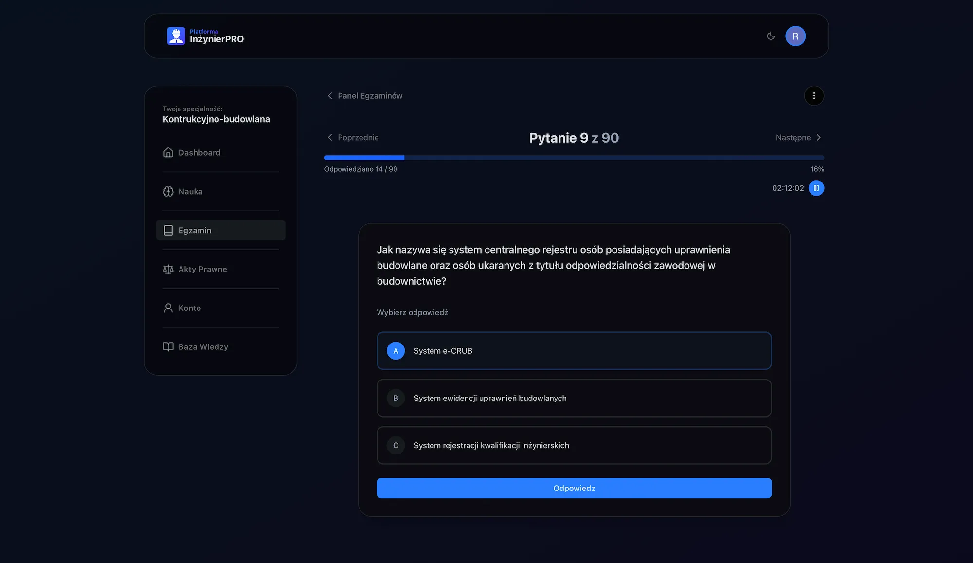 Zrzut ekranu platformy InżynierPRO do nauki na egzamin na uprawnienia budowlane